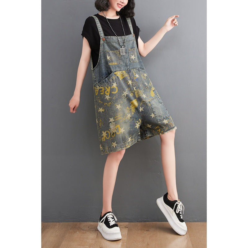Fat Sister Nostalgic Pentagram Print Denim Bib Shorts