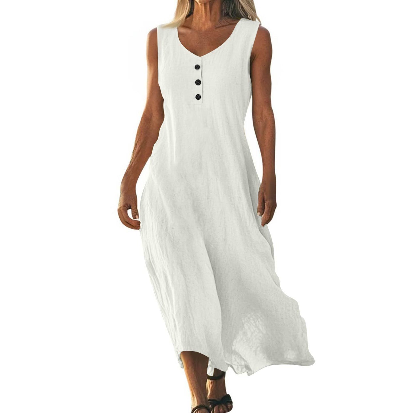 Solid-color Crewneck Sleeveless Asymmetrical Maxi Dress