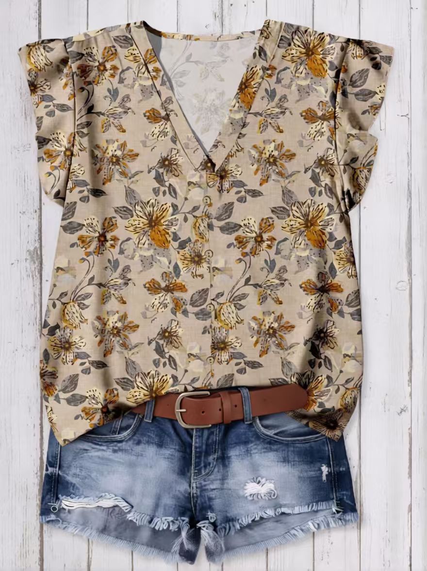 Retro Floral-print Ruffle Short-sleeve Shirt