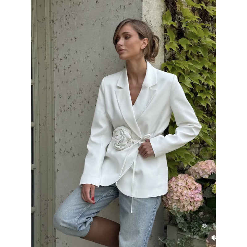 Womens Loose-Fit Lace-Up Blazer With 3D Floral Embellishments