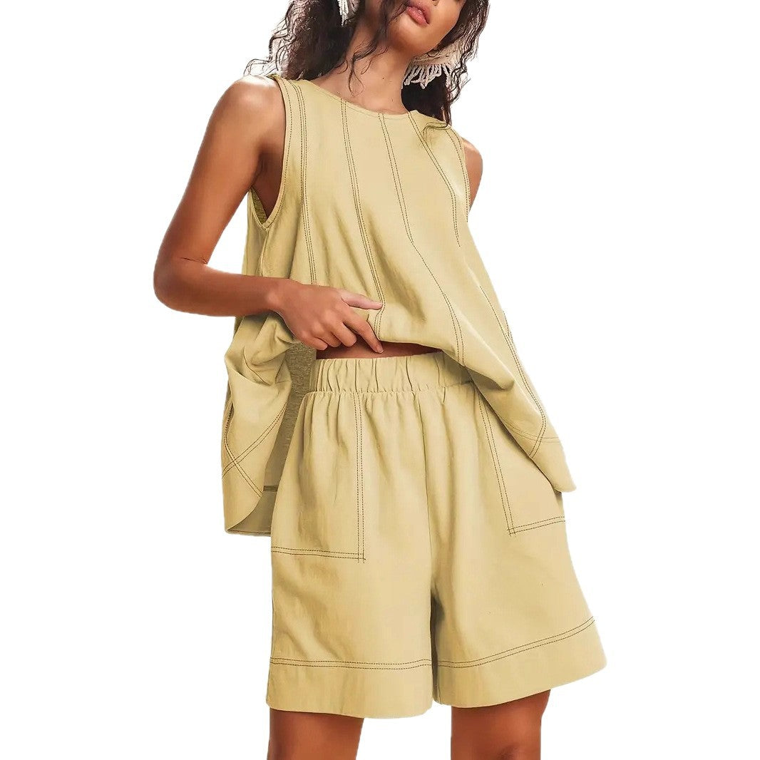 Solid-Color Elegant Crew-Neck Tank Top And Wide-Leg Shorts Set For Women