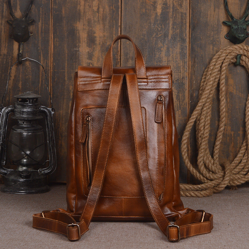 Men's fashion head layer leather, vegetable tanned leather bag, hand polishing color, personalized lady backpack, large capacity computer bag
