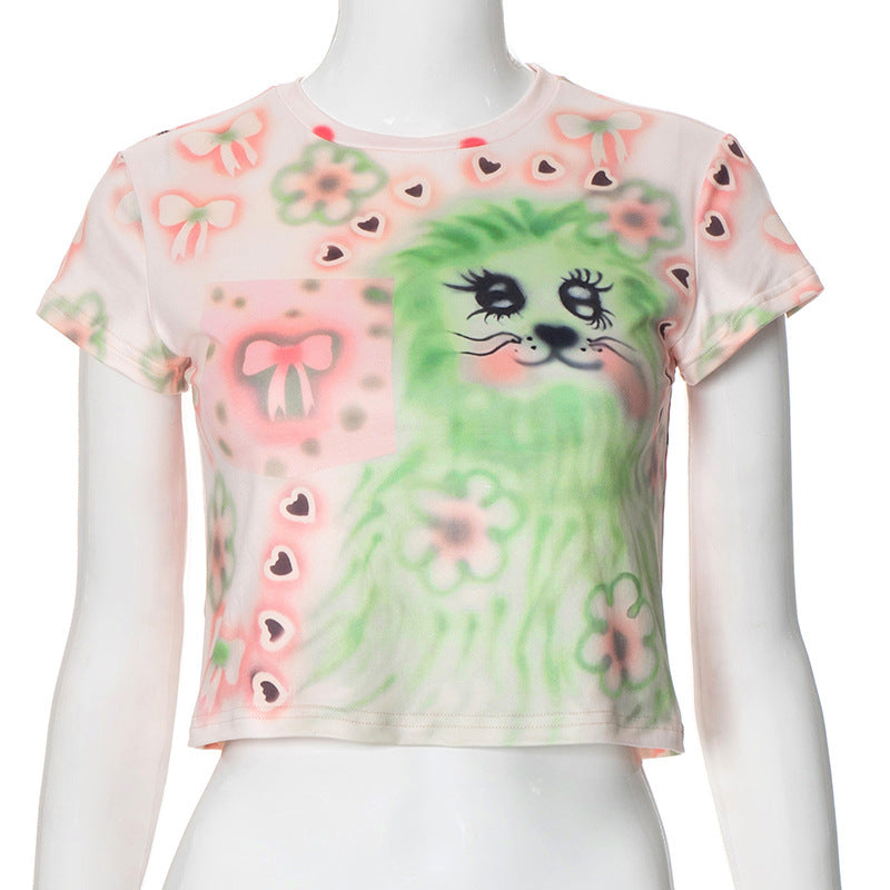 European And American Style Fresh Cute Printed Round Neck Pullover Midriff-baring Top