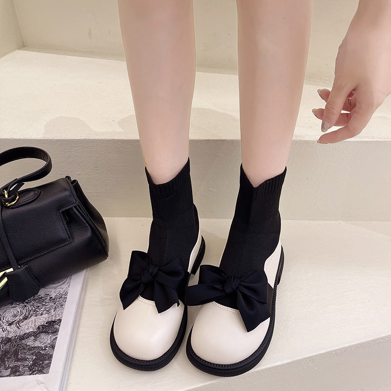 Bowknot Shaved Leather Wind Ankle Boots Flat Cloth Thin Skinny Socks Boots