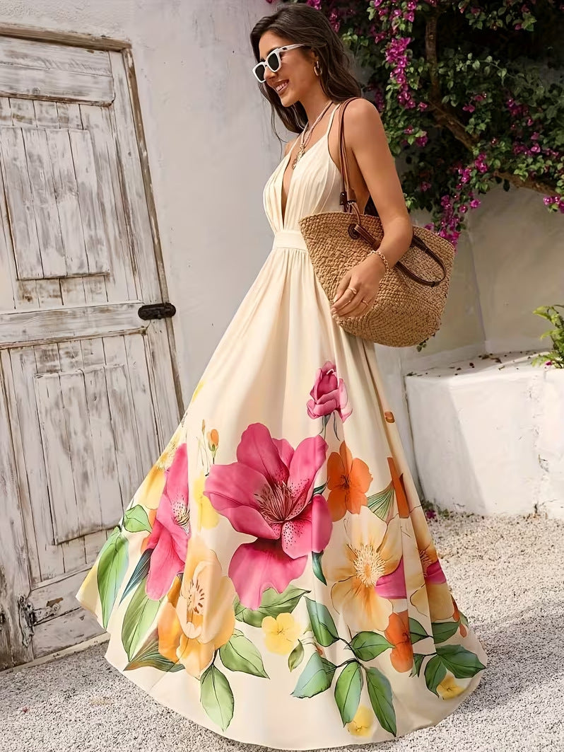 Bohemian Slip Dress With Deep V Neck And Positional Print