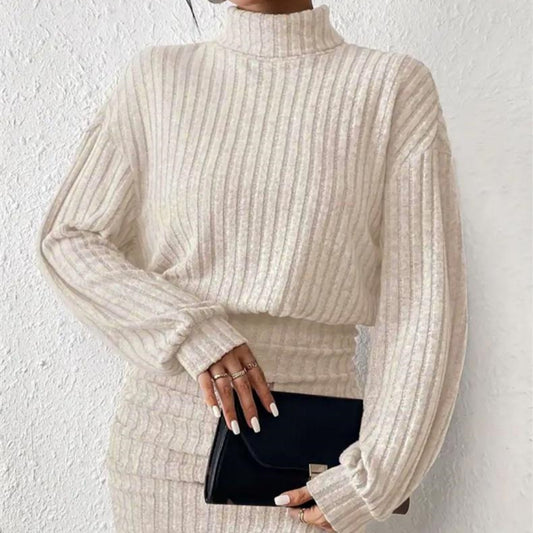 Hug-hem Long-sleeve Turtleneck Skirt Rib-knit Dress