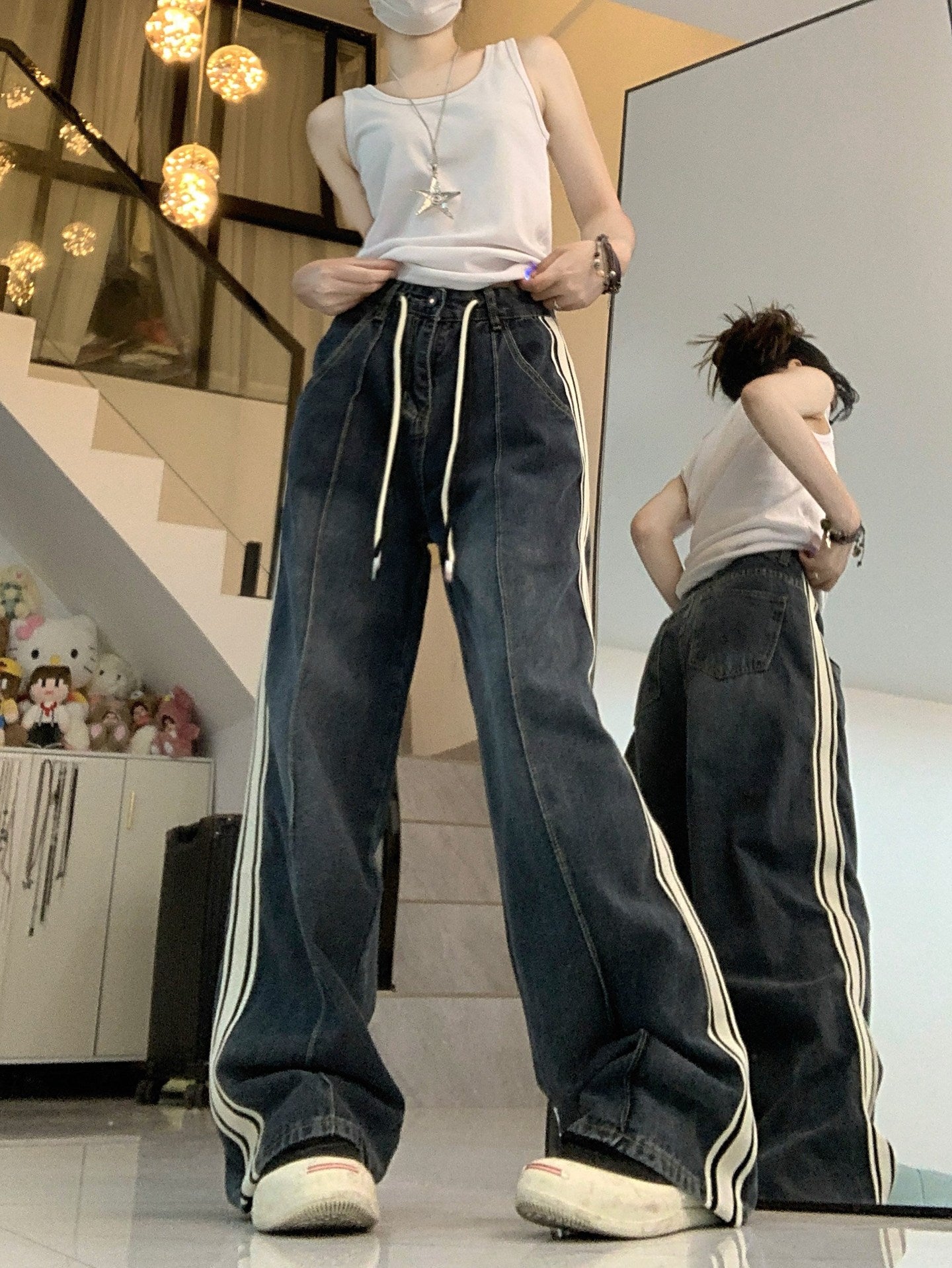 Drawstring Jeans High Waist Loose And Slimming Wide Leg Straight Pants