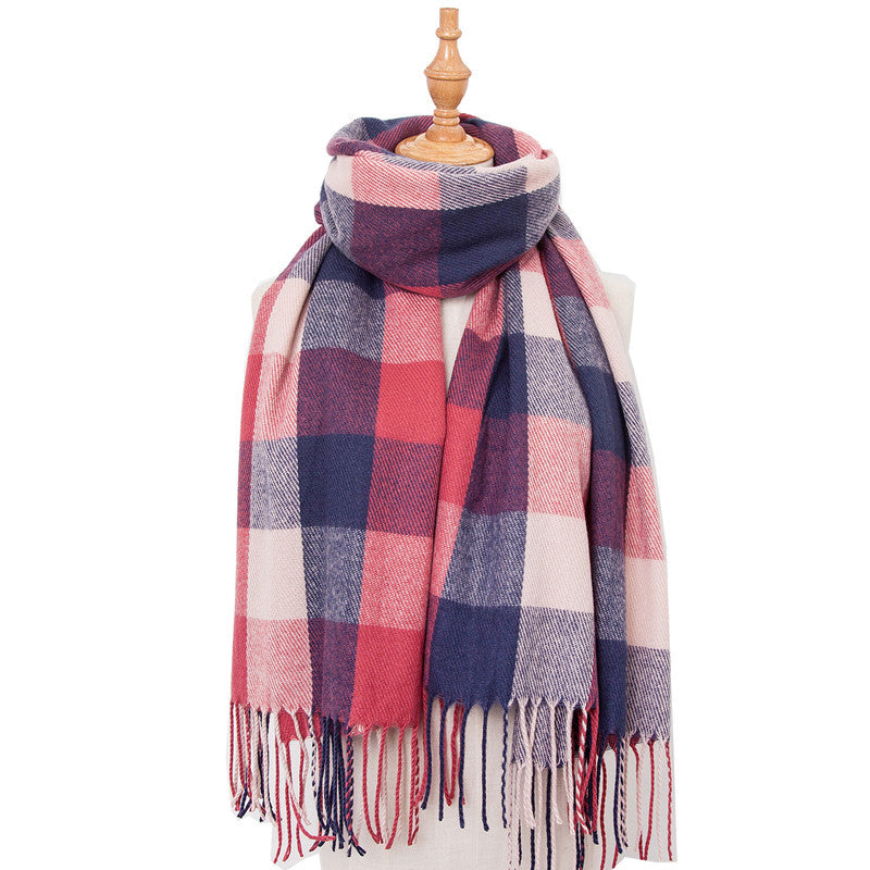 European And American Autumn And Winter Cashmere-like Red Plaid Double-sided Color Plaid Tassel Scarf Women Plus-sized Size Shawl
