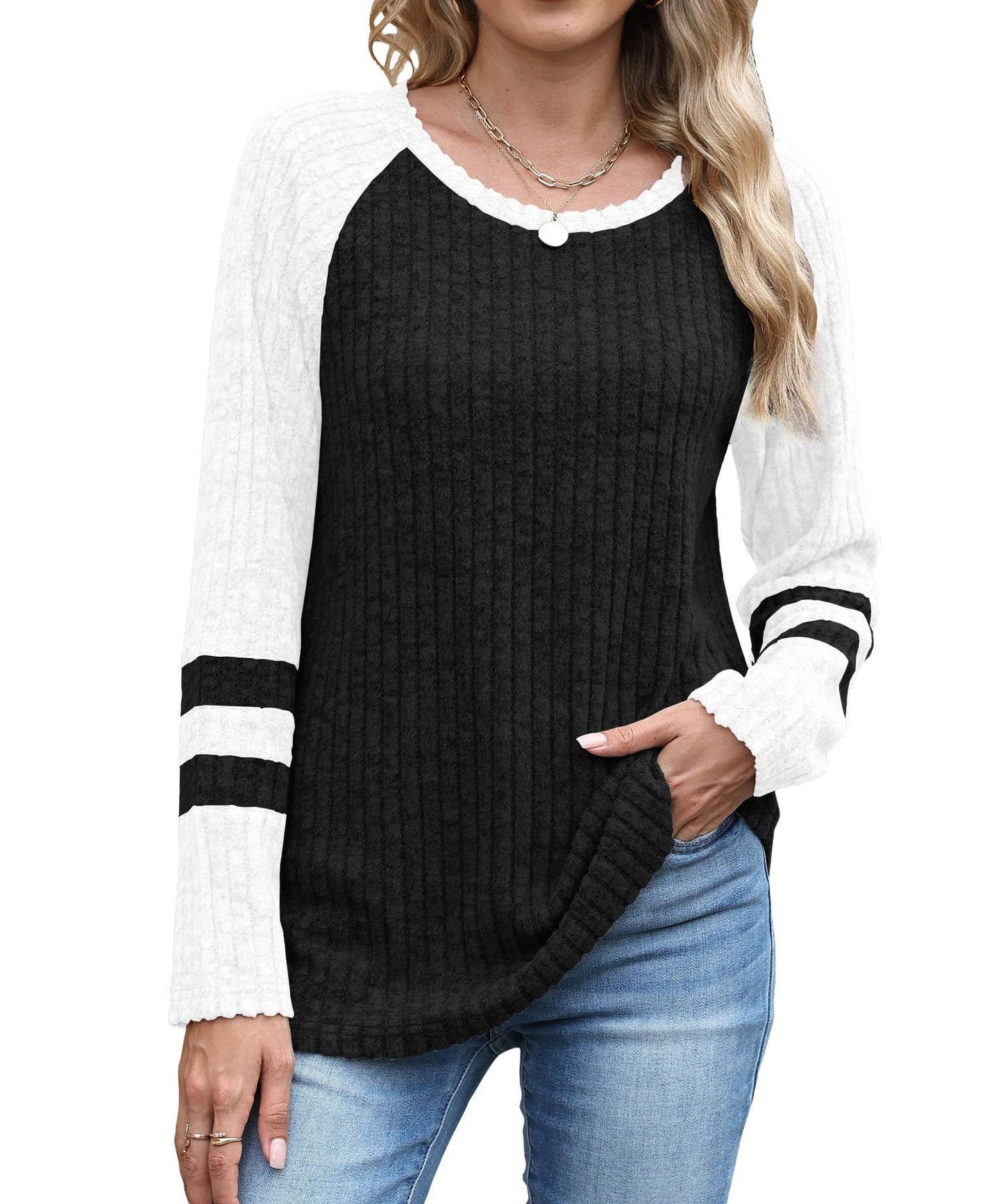 Europæisk og amerikansk mode langærmet sweater med kontrastfarve rund hals top