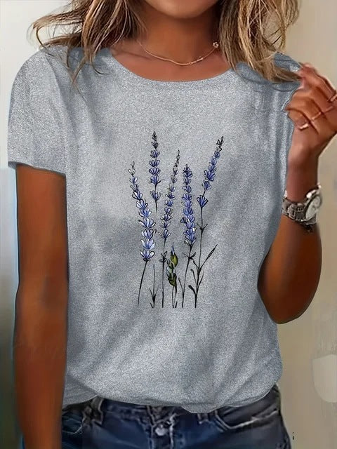 Womens Casual Floral-print T-shirt With A Crew Neck