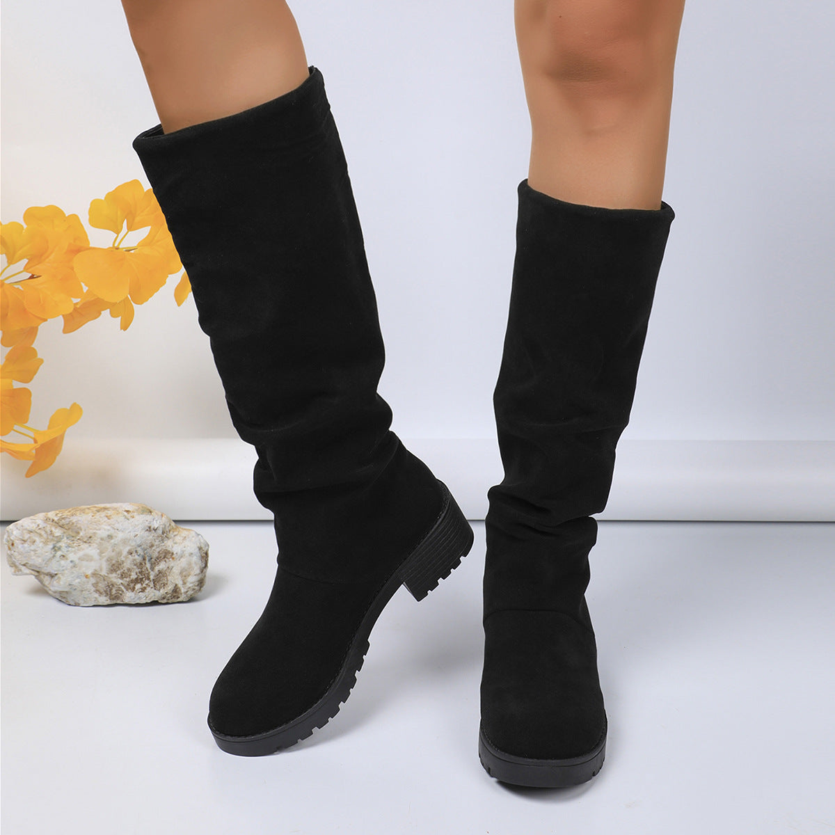 Leopard-print Suede Block-heeled Versatile Pleated Booties