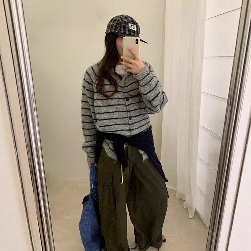 Mixed Color Stripe Long Sleeve Women's Sweater Jacket