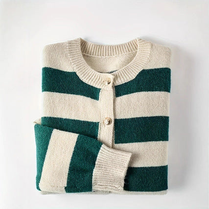 Dame Stribet Sort og Hvid Strikket Cardigan Løs og Behagelig Stil Høj Kvalitet Ydertøj Tyk Sweater