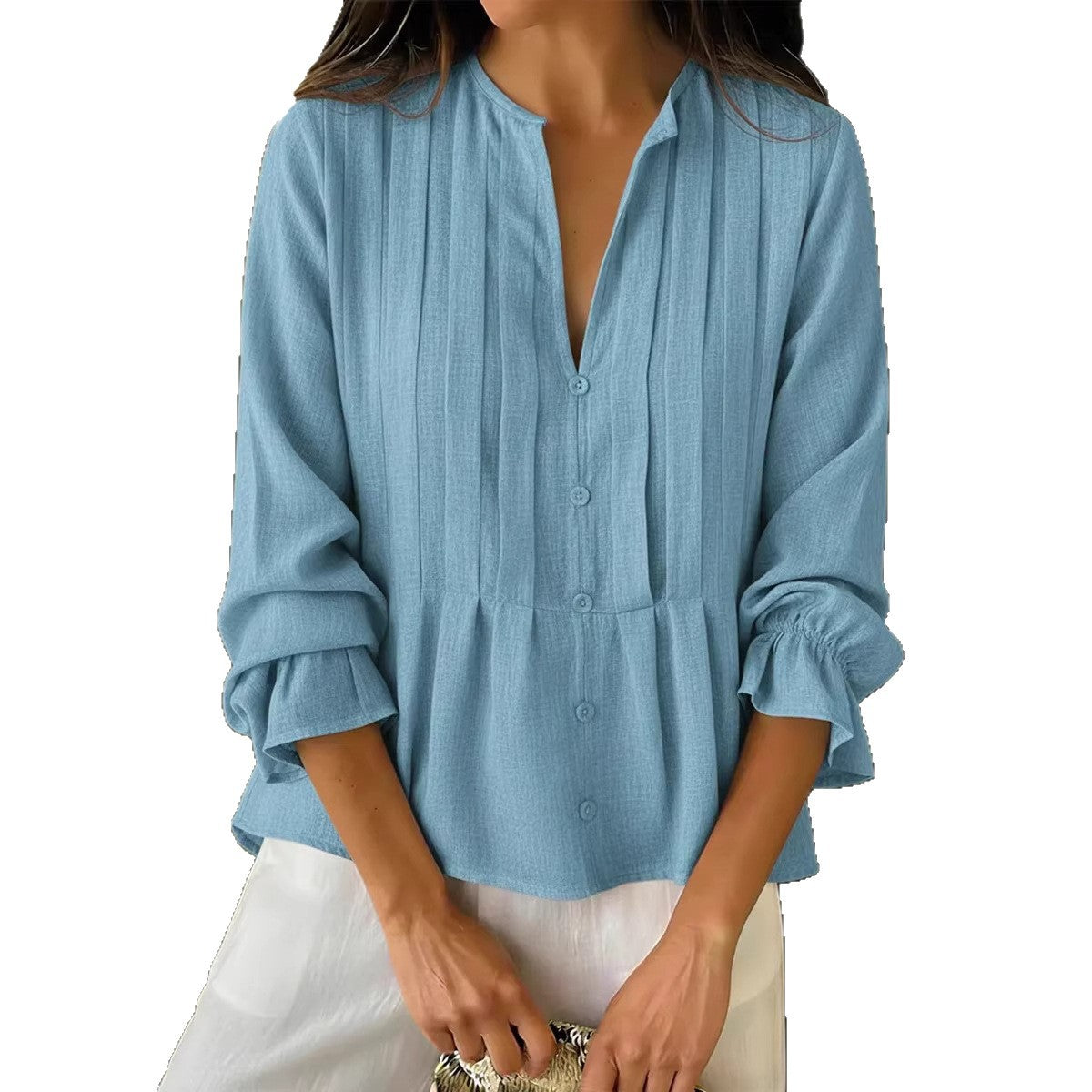 Casual Solid-color V-neck Long-sleeve Striped Cotton-linen Top
