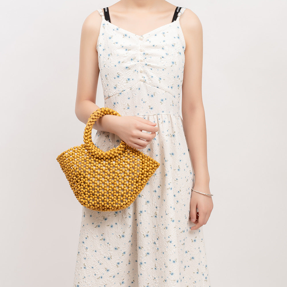 Hand-woven Seaside Beach Vacation Hollow Handbag With Wooden Beads Decoration