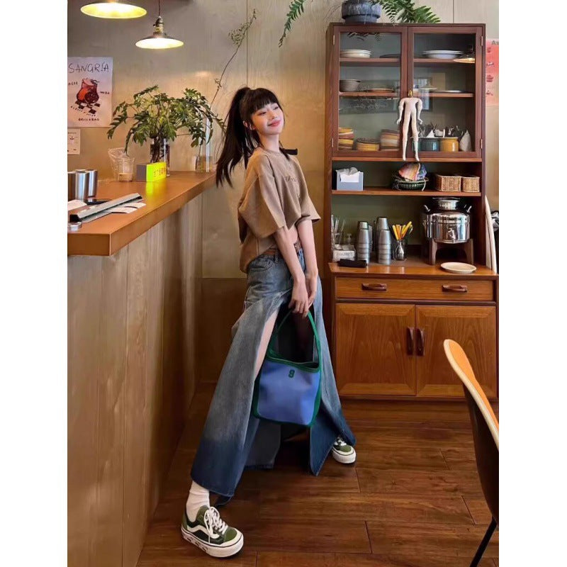 Retro Gradient High Waist Slit Denim Skirt
