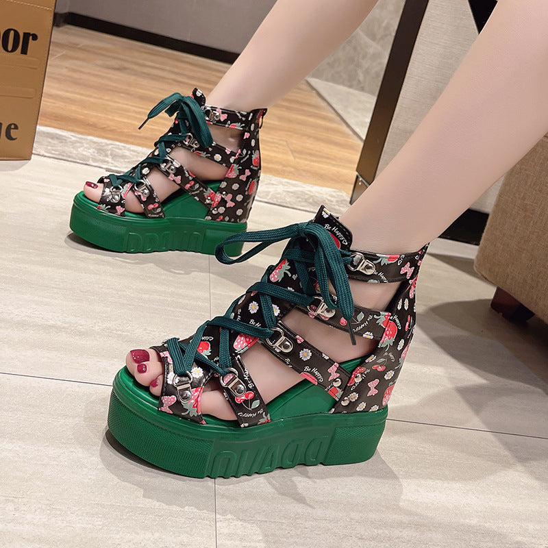 Platform Wedge Fish Mouth Print Sandals
