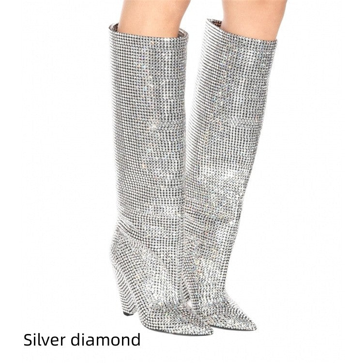 Rhinestone High-heeled Pointy Nightclub Show Knee-length Boots