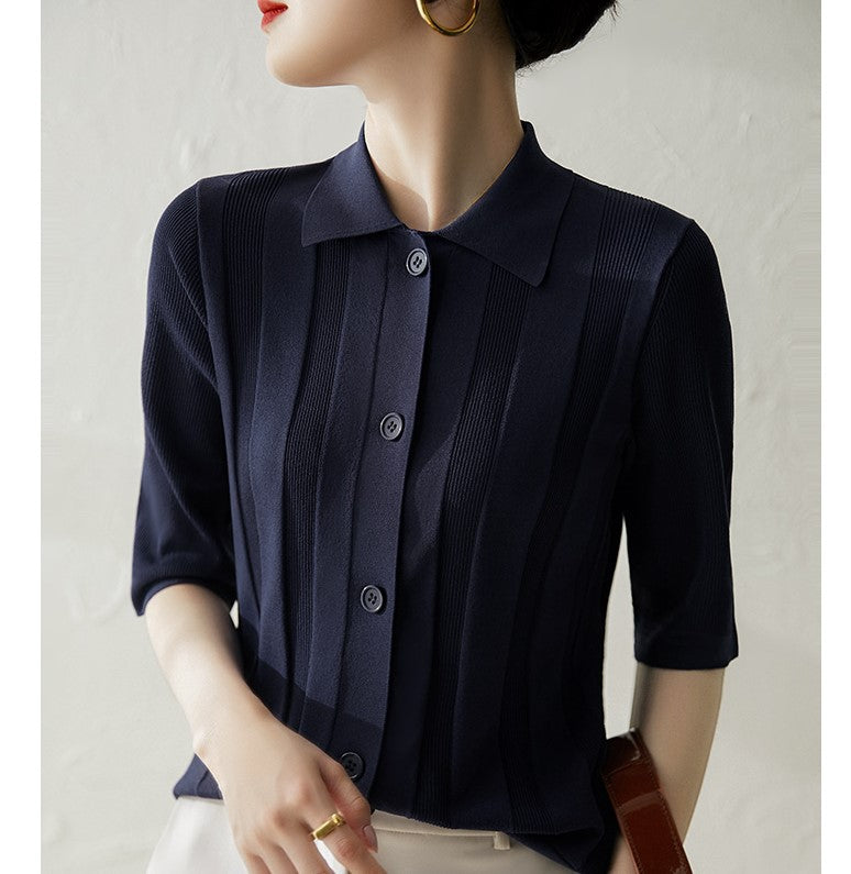 Lapel Mid Sleeve Commuter Knit Cardigan Air Conditioning Shirt