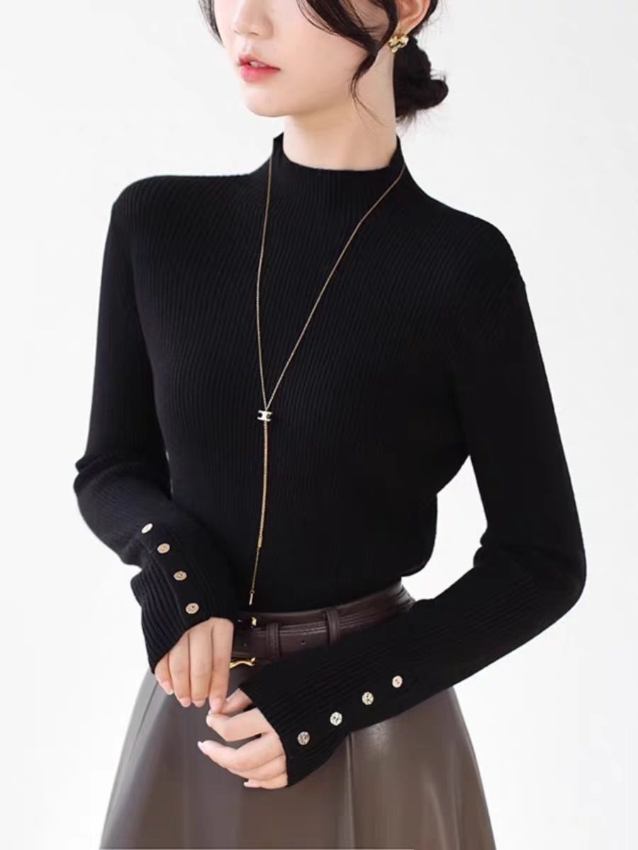 Grey Temperament Semi-high Neck Knitted Women's Autumn Base Shirt