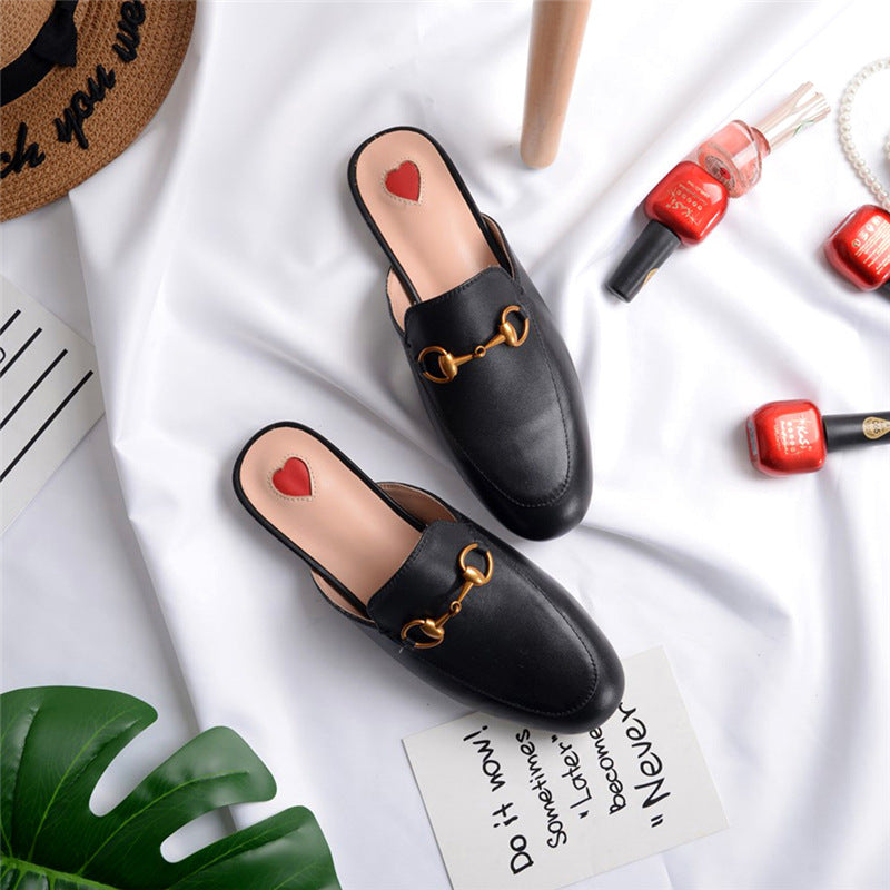 European and American leather round head classic flat shoes