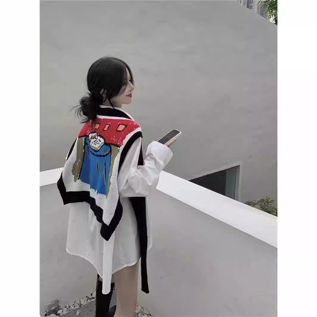 Korean Style Long Sleeve Shirt Cartoon Shawl Sweater Two-piece Vest Set