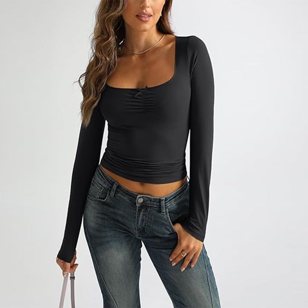 Women's Minimalist Pure Desire Style U-neck T-shirt Autumn And Winter Tight-fitting Figure-flattering Base Top