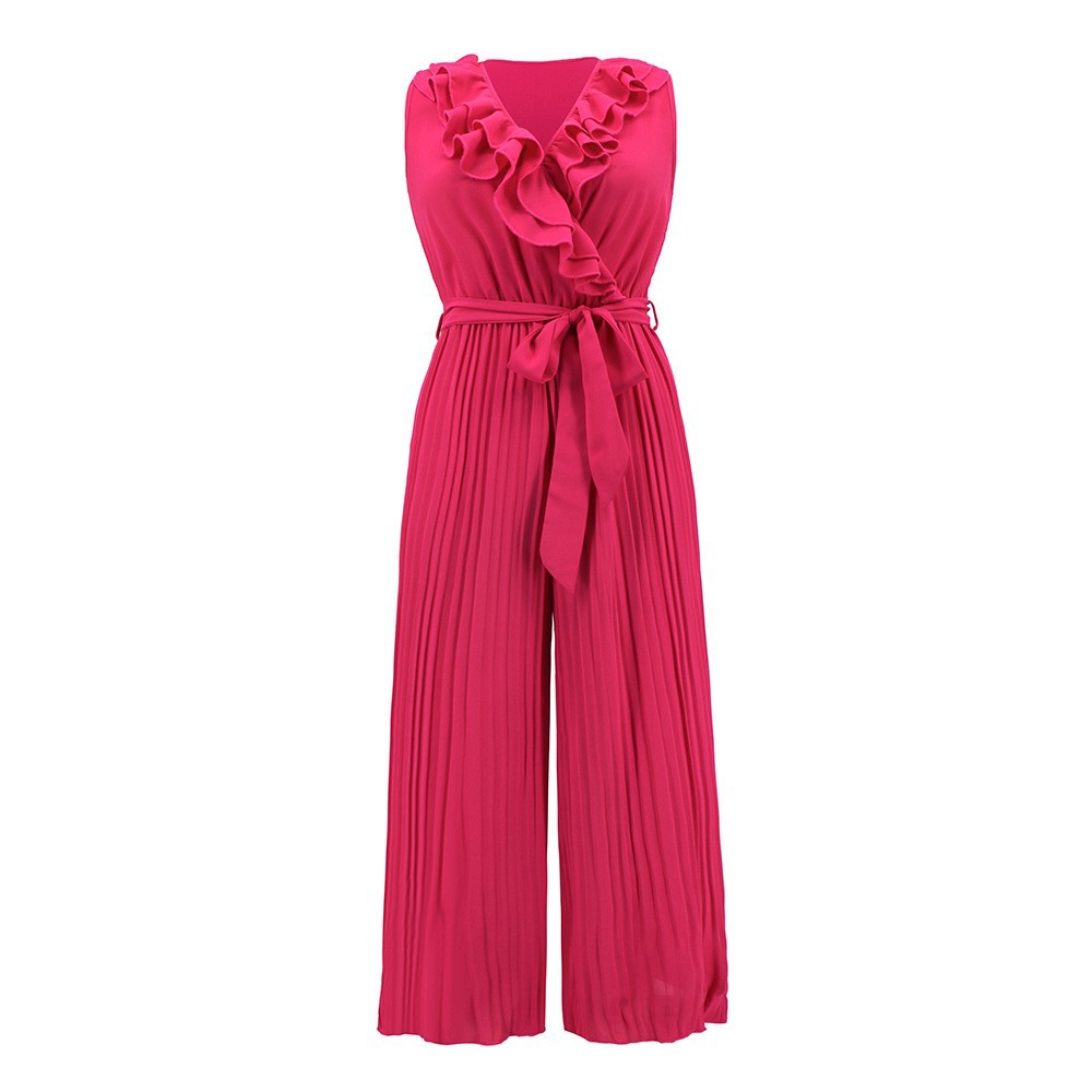 Women's Comfortable Sleeveless V-neck Flounce Pleated Jumpsuit