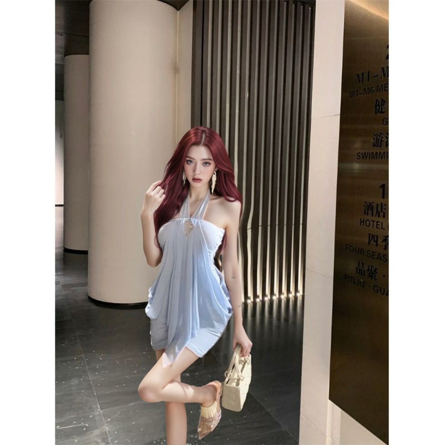 Womens Sexy Halterneck Backless Waist-Cinching Dress