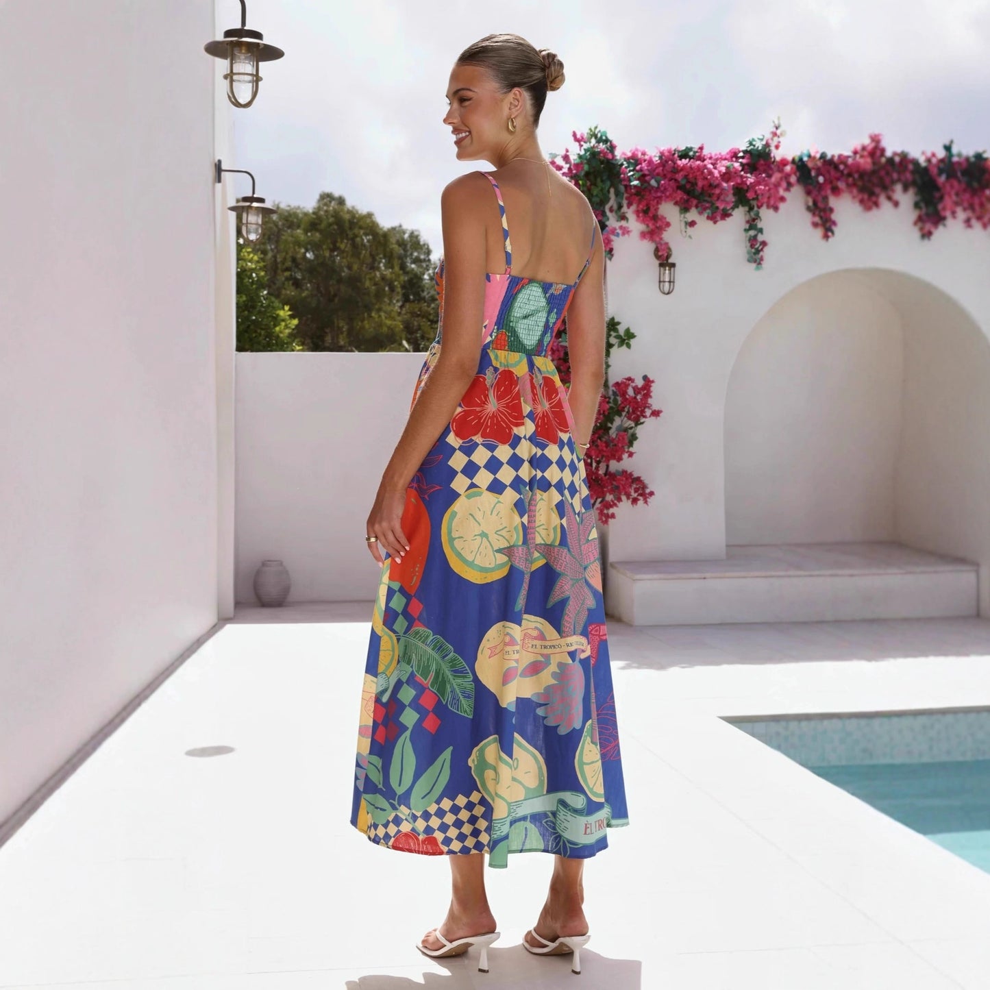 Casual Resort-style Linen Print Slip Dress