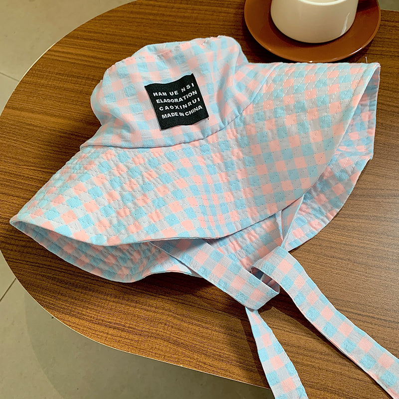 Tie-neck Plaid Bucket Hat Women's Summer Japanese Retro