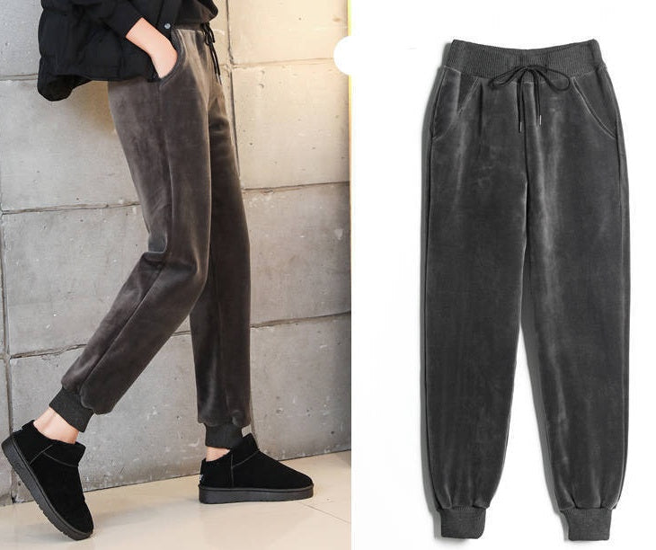 Women Winter Lamb Fur Cashmere Slim Casual Warm  Harem Pants Sweatpants Trousers
