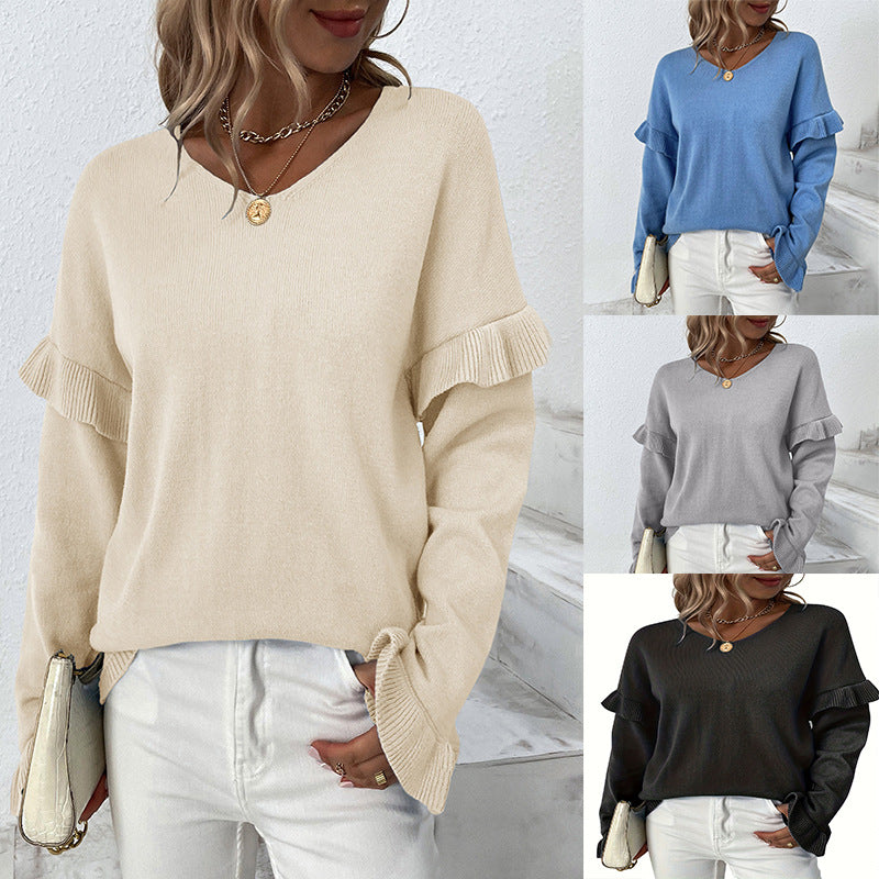 Solid Color And V-neck Petal Sleeve Sweater For Women