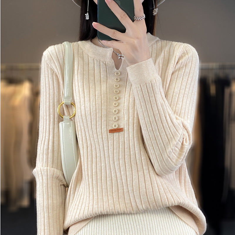 Long Sleeve Round V-neck Sweater Solid Color