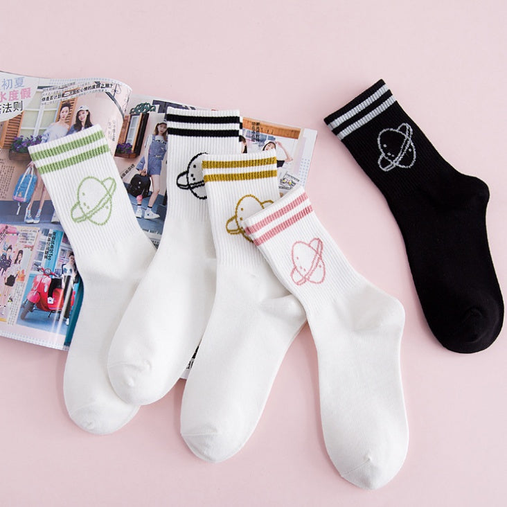Women's solid color two-bar planet cotton sports socks