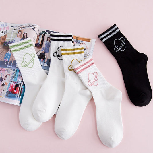 Women's solid color two-bar planet cotton sports socks