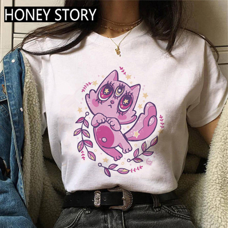 Kitten Print Round Neck Women's Loose Short Sleeve T-shirt