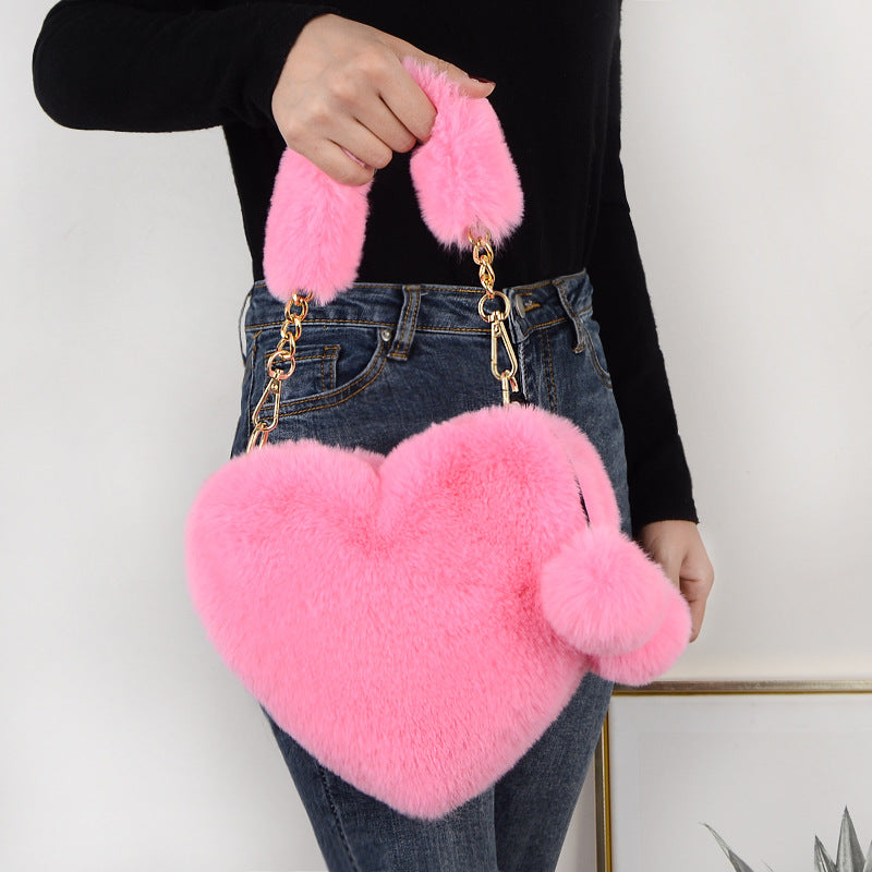 Women's Heart-shaped Plush Peach Heart Artificial Wool Handbag