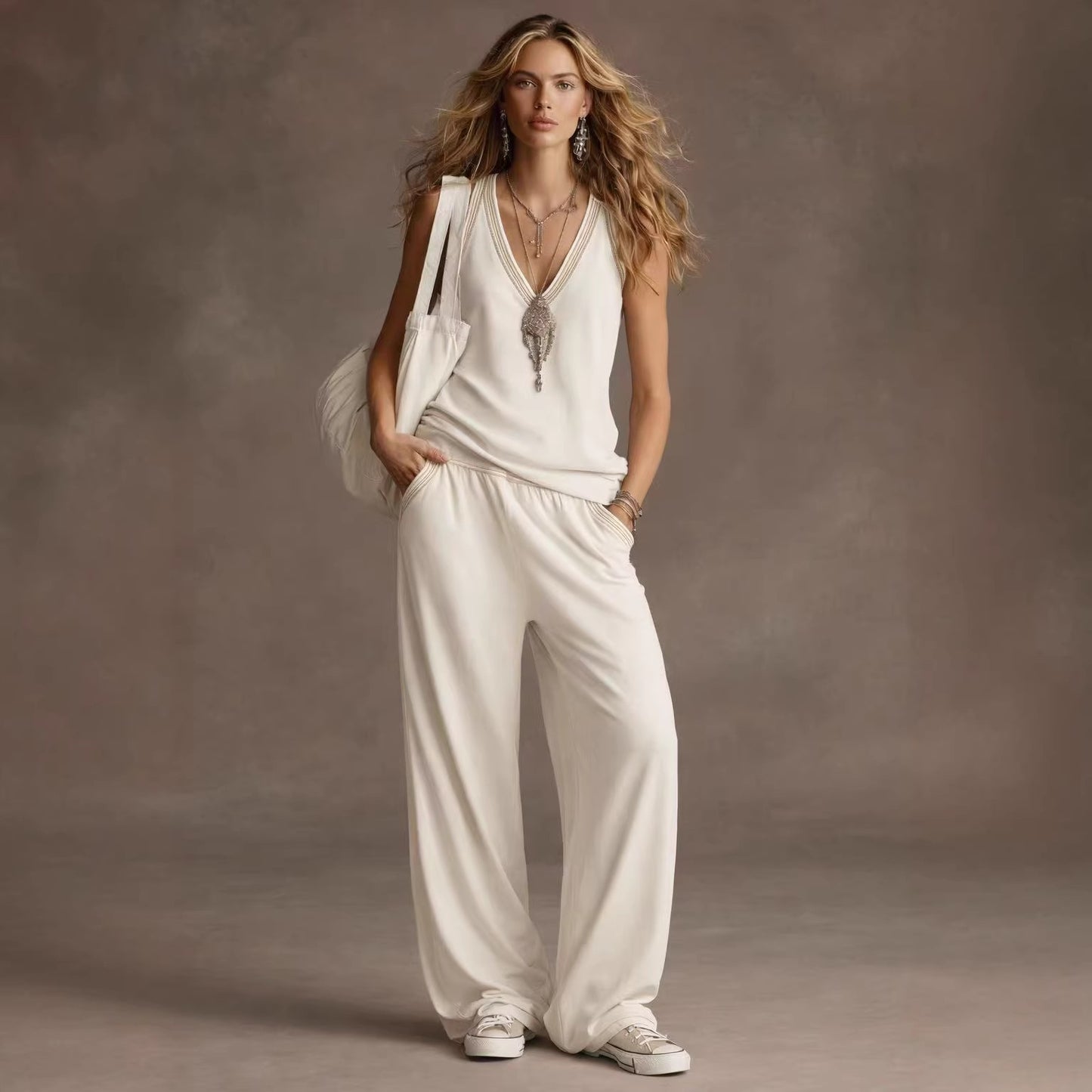 V-neck Sleeveless Tank Top And Wide-leg Pants Set Relaxed Fit