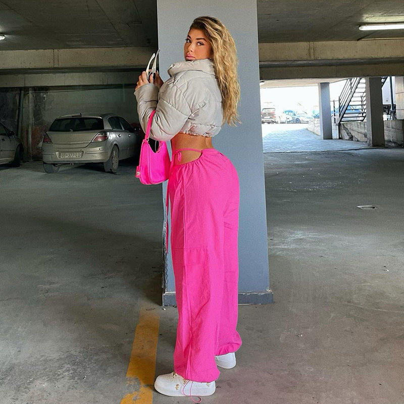 High Waist Hollow Drawcord Solid Leggings Cargo Pants