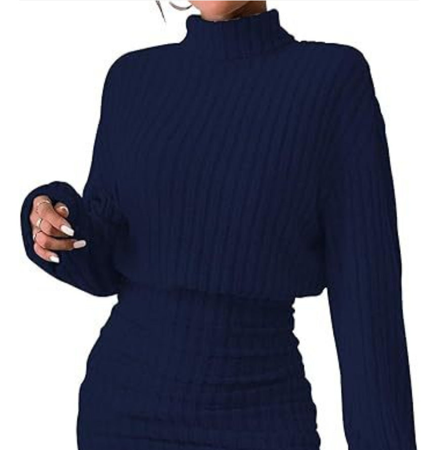 Hug-hem Long-sleeve Turtleneck Skirt Rib-knit Dress