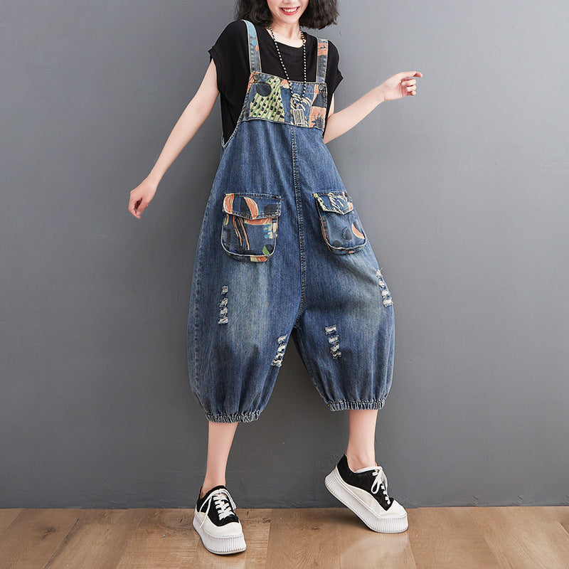 Denim Overalls Shorts Women's Fat Mm Print Stitching