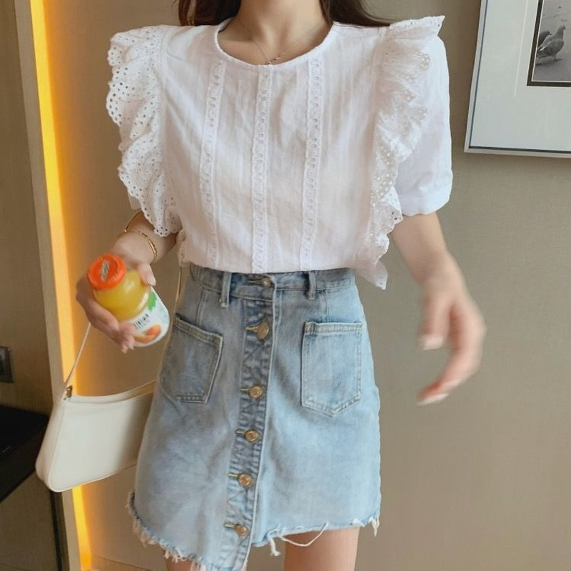 French Women's Summer Fungus White Short-sleeved Shirt