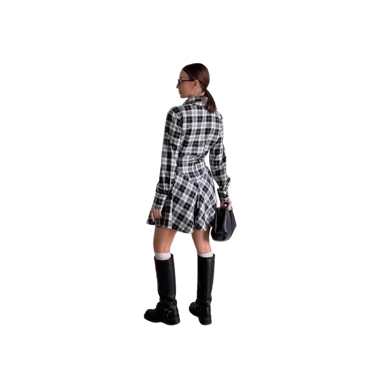 Autumn Retro Hong Kong Style Lapel Slimming Plaid Shirt With Puffy Skirt