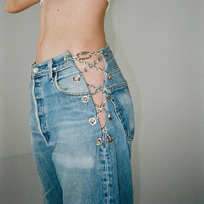 Irregular split hole high waist jeans