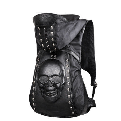 Men's Black Leather 3D Rivet Backpack With Hood Cap