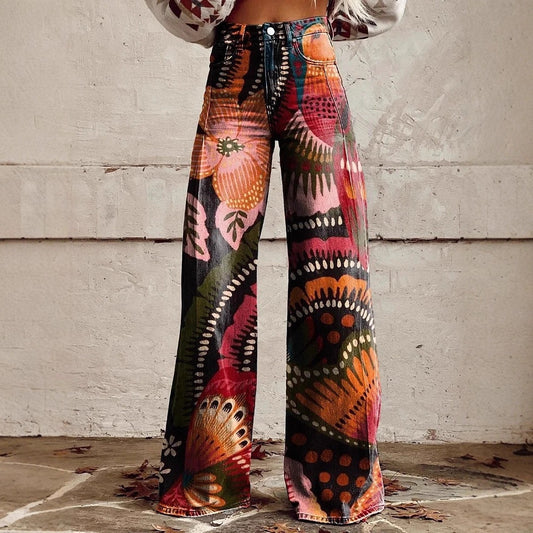 Lightweight Faux Denim Pants With Wide Legs And 3D Print