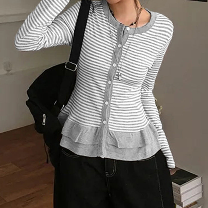 Retro Cake Hem Cardigan Stribet Crewneck Bluse til damer