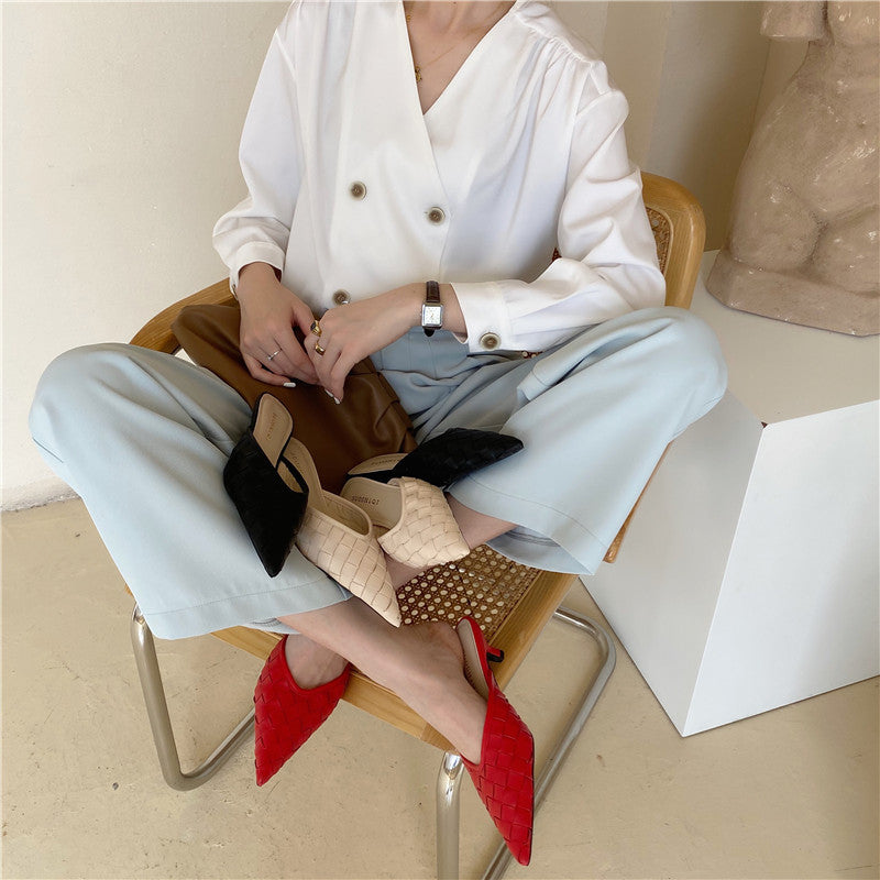 Woven pointed mid-heel half slippers