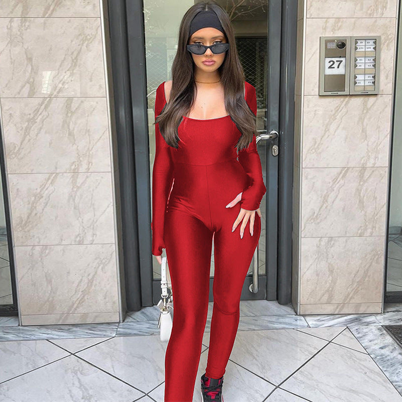Women's Big U-neck Long-sleeved Slim-fit Sheath Jumpsuit